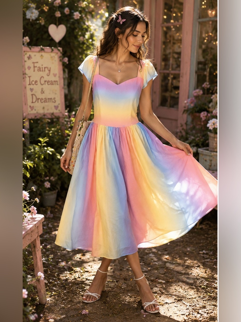 Fairycore Rainbow Ombré Midi Dress Pastel Fit Flare Sweetheart Cottagecore L